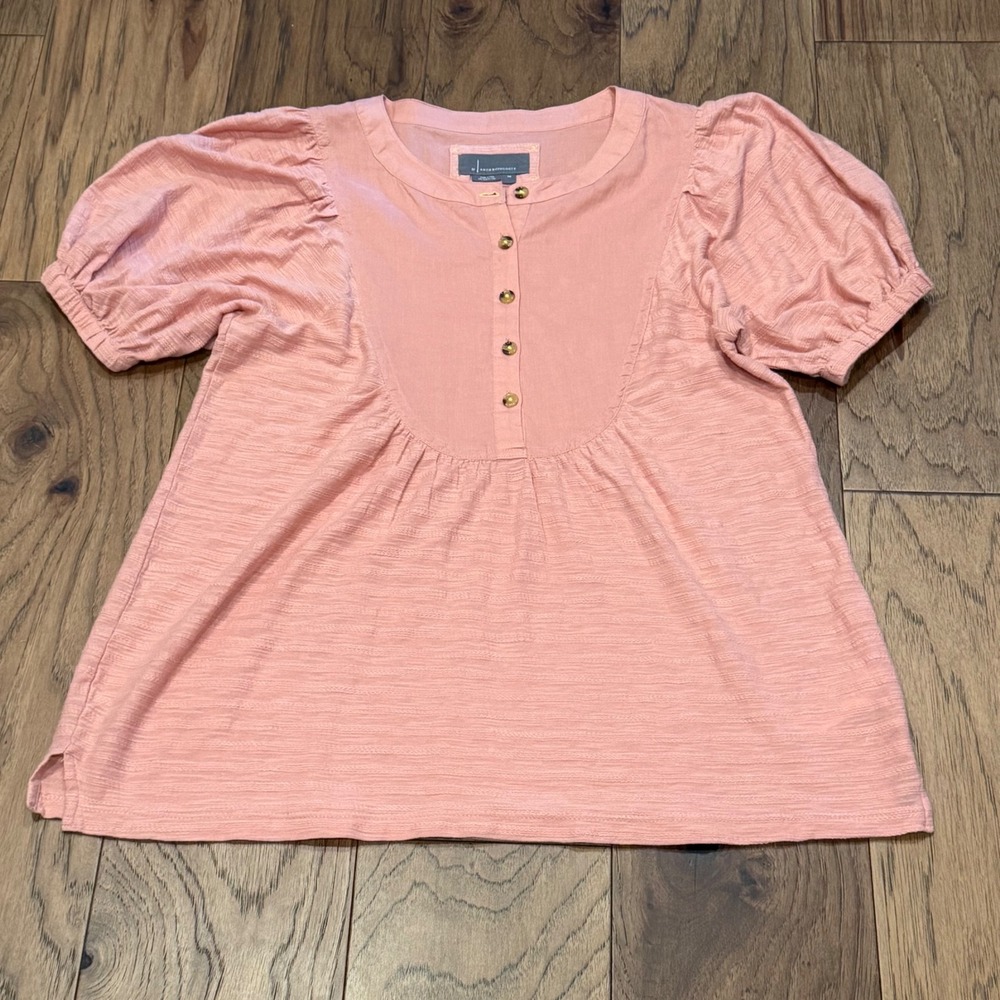 Anthropologie Pink Cotton Puff Sleeve Button Front Textured Slub Top XS